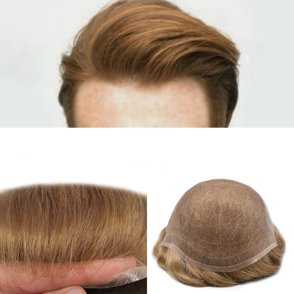 Toupee for Men Hair Replacement System Swiss Lace Mens toupee Front Bleached Knot Natural Hairline Men Hair Unit 100% Human Hair Gray Brown Black Blonde Men Hair Piece (7"X9", #17R Brown/Blonde Mix Warm Tone-80% Light Density)