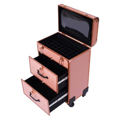 CNCEST Rolling Makeup Cosmetic Case,Nail Embroidery and Hair Storage Case Polish Organizer Professional Makeup Trolley for Studio or Travelling Nail Technician Artists Cosmetologist Stylist (Gold)