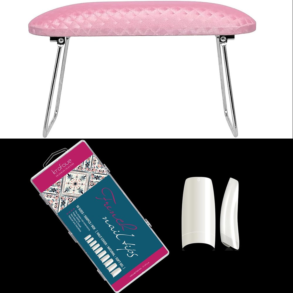 krofaue Nail Arm Rest and krofaue 500PCS Half Cover False Nails Tips with Box for Nail Tips Art Salons and Home DIY