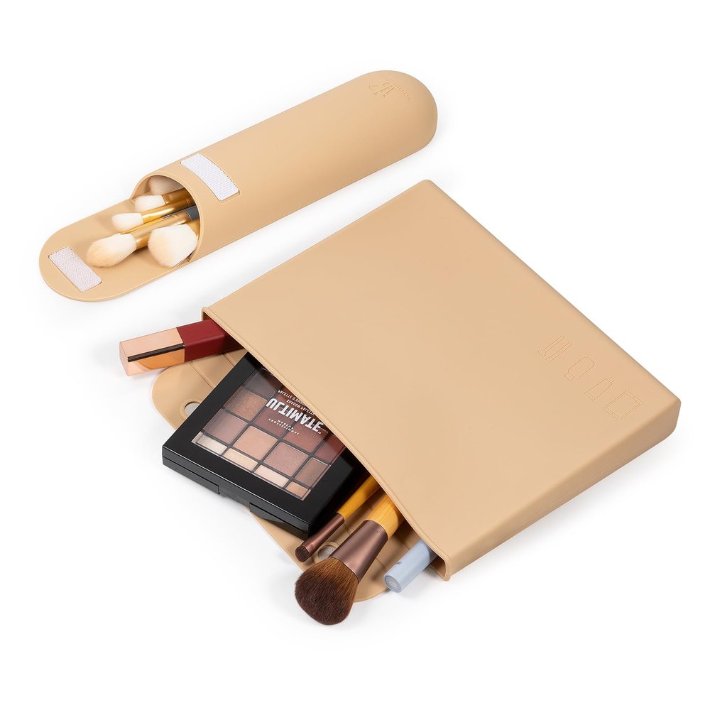 MUUPEG Silicone Makeup Bag with Brush Bag, Travel Toiletry Bag for Women, Fashion Make Up Bag with Removable Strap, Small Cosmetic Pouch for Beauty Tool, Magnetic Closure Flap Design (Khaki)