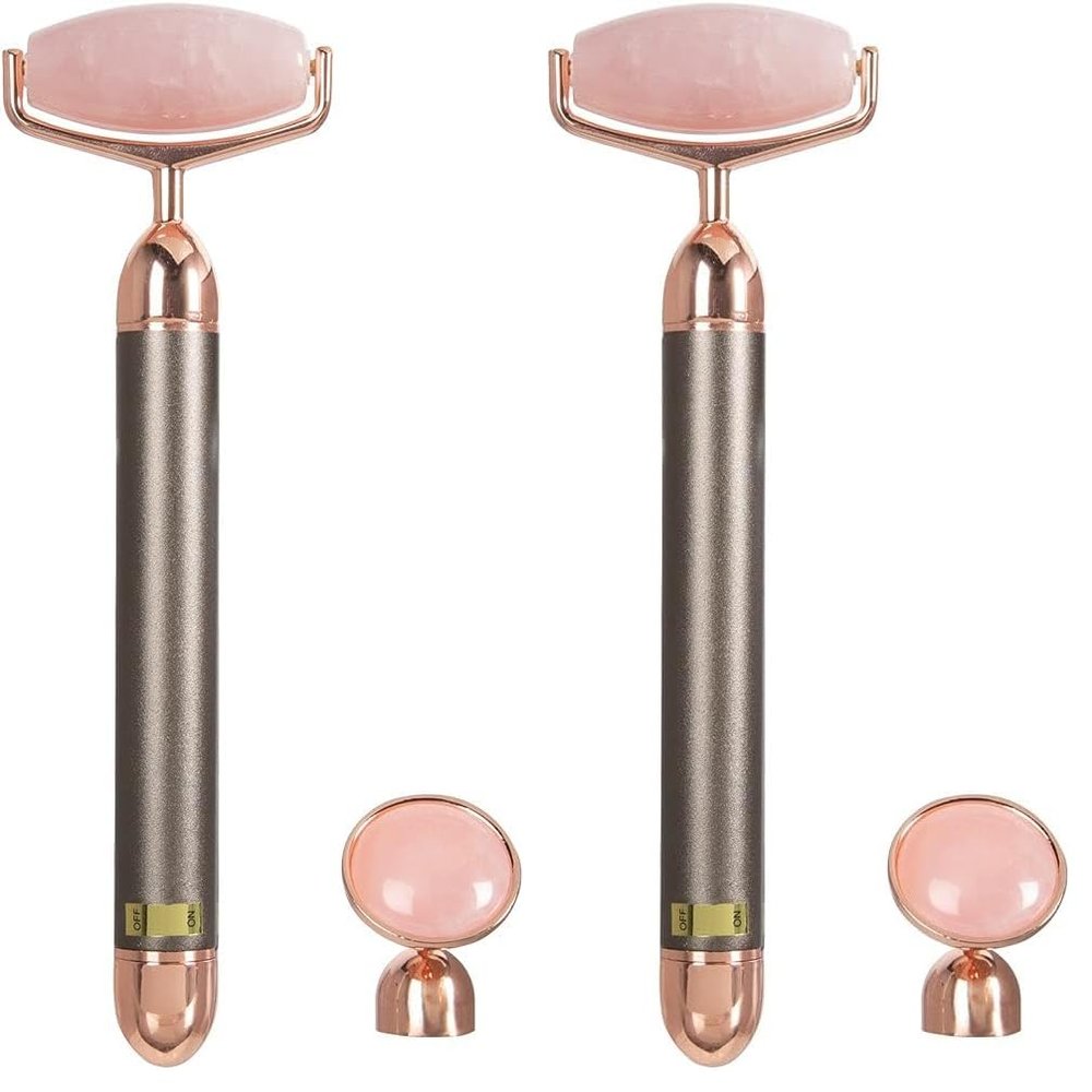ForPro Professional Collection Electric Face Roller & Eye Massager, 2 in 1 Vibrating Skin Care Tool, Rose Quartz (Pack of 2)