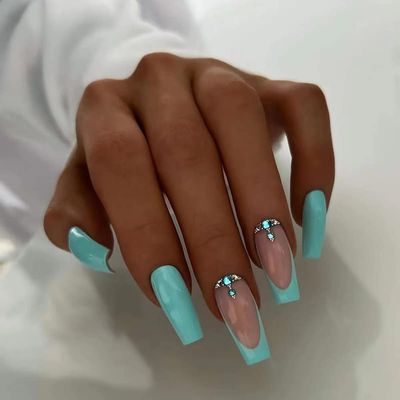 FRUJCDKI Long Press on Nails Medium Square French Fake Nails Full Cover Rhinestone French Acrylic False Nails for Women and Girls 24PCS