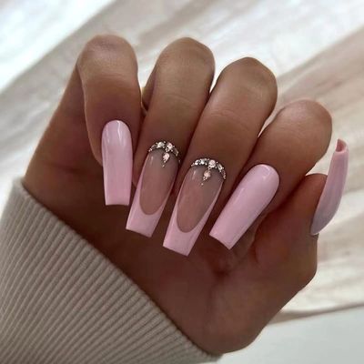 FRUJCDKI Long Press on Nails Square French Fake Nails Full Cover Gentle Light Pink Rhinestone French Acrylic False Nails for Women and Girls 24PCS