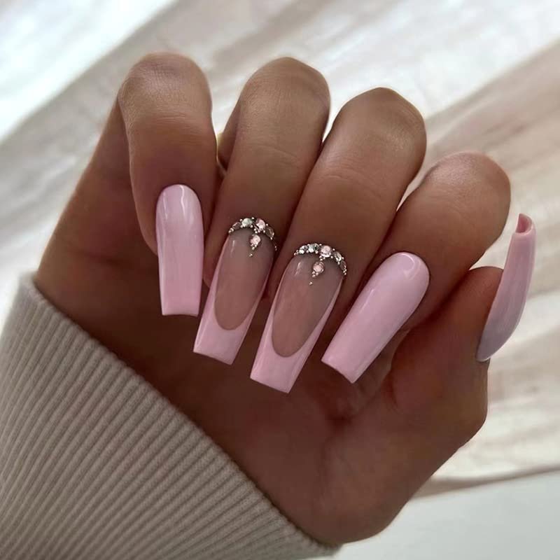 FRUJCDKI Long Press on Nails Square French Fake Nails Full Cover Gentle Light Pink Rhinestone French Acrylic False Nails for Women and Girls 24PCS