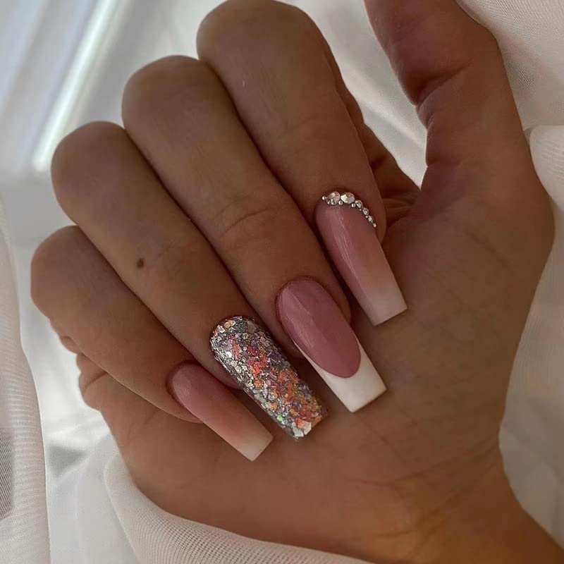FRUJCDKI Long Press on Nails Square French Fake Nails Full Cover Luxury Luxury Nude Gradient Super Sparkle French Acrylic False Nails for Women and Girls 24PCS