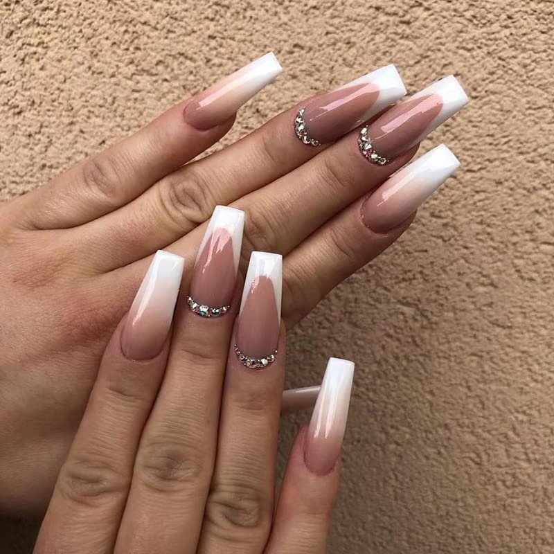 FRUJCDKI Long Press on Nails Square French Fake Nails Full Cover Luxury Nude Gradient Rhinestone French Acrylic False Nails for Women and Girls 24PCS