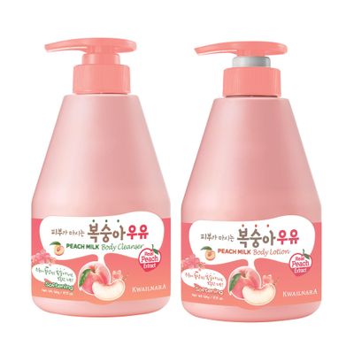 Kwailnara WELCOS Peach Milk Body Lotion & Body Wash Set  Hydrating & Nourishing Korean Skincare Set with Peach Extract, 560g / 19.75oz Each