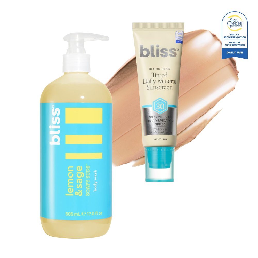 Bliss Cleanse & Protect Duo Blockstar 100% Mineral Broad Spectrum Tinted Face Sunscreen + Lemon and Sage Soapy Suds Body Wash
