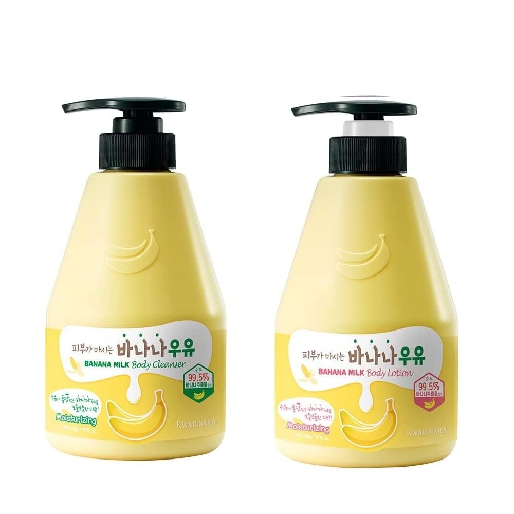 Kwailnara WELCOS Banana Milk Body Lotion & Body Wash Set  Moisturizing & Soothing Korean Skincare Set with Banana Extract, 560g / 19.75oz Each