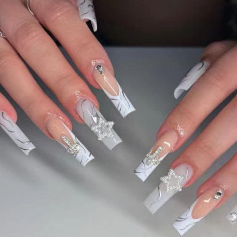 FRUJCDKI Long Press On Nails Square French Fake Nails Full Cover Marbled Acrylic False Nails for Women and Girls 24PCS