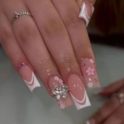 FRUJCDKI Long Press On Nails Square French Fake Nails Full Cover Butterfly Floral White French Acrylic False Nails for Women and Girls 24PCS