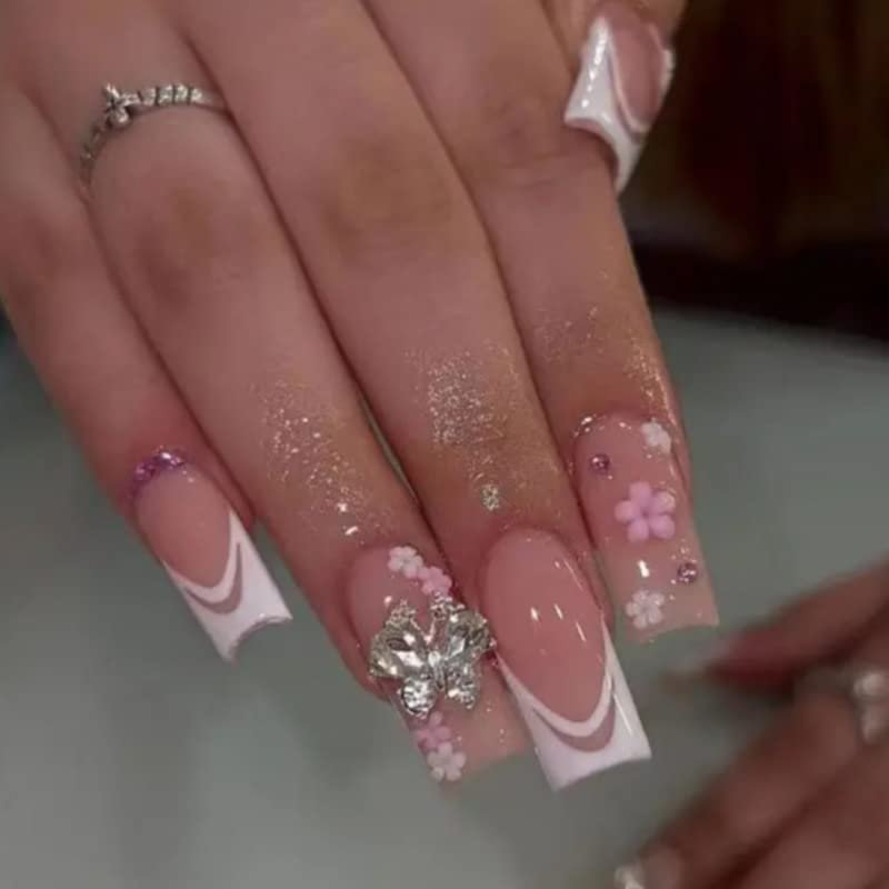 FRUJCDKI Long Press On Nails Square French Fake Nails Full Cover Butterfly Floral White French Acrylic False Nails for Women and Girls 24PCS