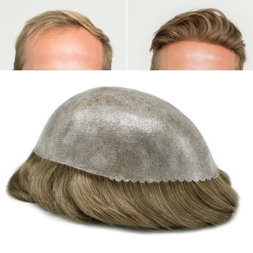 Hair Piece for Men Full Poly Skin Hair System for Men Toupee Human Hair Replacement System Mens Hairpieces Protesis Capilar 18# MEDIUM BLONDE 120% density 7x9