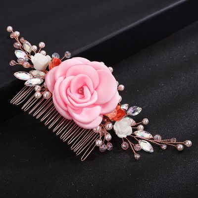 Teyglen Flower Wedding Hair Comb Crystal Bridal Hair Comb Floral Pink Flower Headpieces Handmade Rhinestone Pearl Hair Pieces Hair Accessories for Brides Women(Pink)