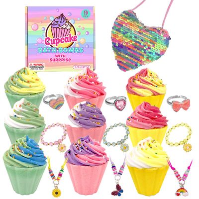 9 Pack Cupcake Bath Bombs for Kids with Surprise Inside, Kids Bath Salts with Jewelry Inside for Princess Girls, Super Large Kids Bath Balls for Children