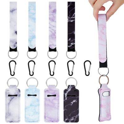CAIRIAC Marble Lipstick Chapstick Holder Keychains Bulk, Lipstick Case for Women,Portable Lip Balm Holder with Clip, Travel Keychain Holder with Wristlet Lanyard Strap (5 Pcs)