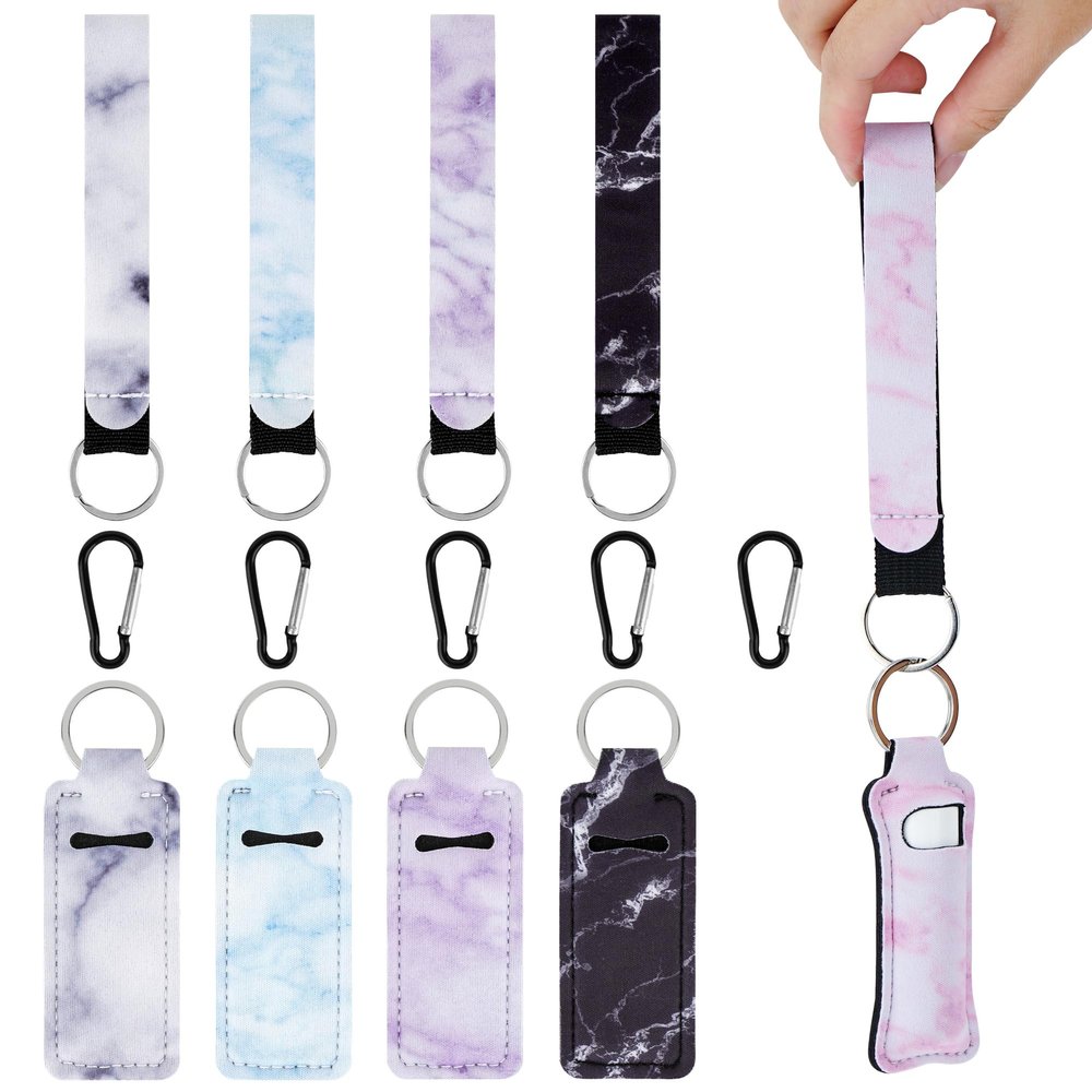 CAIRIAC Marble Lipstick Chapstick Holder Keychains Bulk, Lipstick Case for Women,Portable Lip Balm Holder with Clip, Travel Keychain Holder with Wristlet Lanyard Strap (5 Pcs)