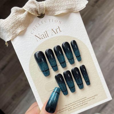 FRUJCDKI Real Gel Handmade Dark Blue Cat's Eye Press on Nails Gems Coffin Fake Nails with Designs Glossy False Nails for Women and Girls (Cat's Eye-L)