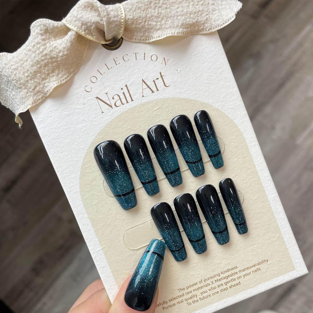 FRUJCDKI Real Gel Handmade Dark Blue Cat's Eye Press on Nails Gems Coffin Fake Nails with Designs Glossy False Nails for Women and Girls (Cat's Eye-L)
