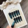 FRUJCDKI Real Gel Handmade Dark Blue Cat's Eye Press on Nails Gems Coffin Fake Nails with Designs Glossy False Nails for Women and Girls (Cat's Eye-L) view 1