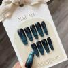 FRUJCDKI Real Gel Handmade Dark Blue Cat's Eye Press on Nails Gems Coffin Fake Nails with Designs Glossy False Nails for Women and Girls (Cat's Eye-L) view 2