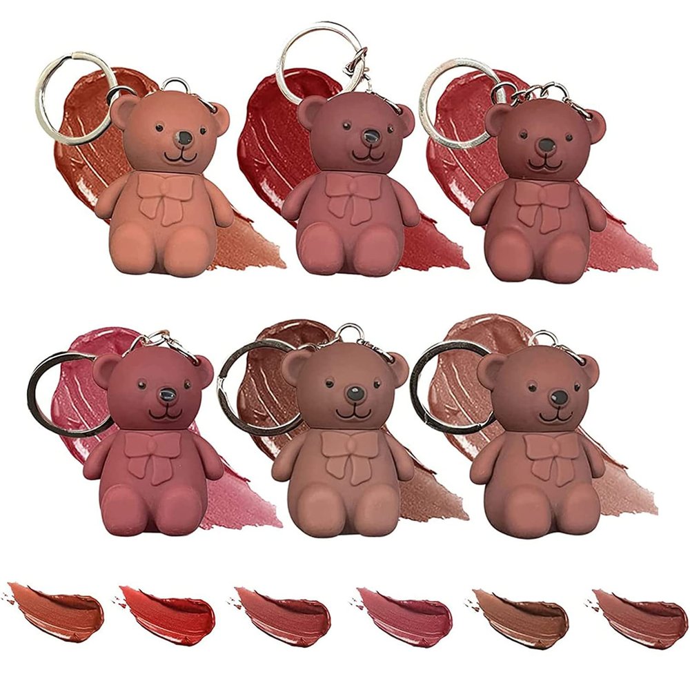 2 in 1 Key Chain Bear Lipstick, Keychain Bear Lipsticks, Mist Matte Velvet Lipstick, Bear Mirror Lipstick, Cute Bear Beauty Makeup, Waterproof Long Lasting Bear Lip Gloss (A-6 Colors)