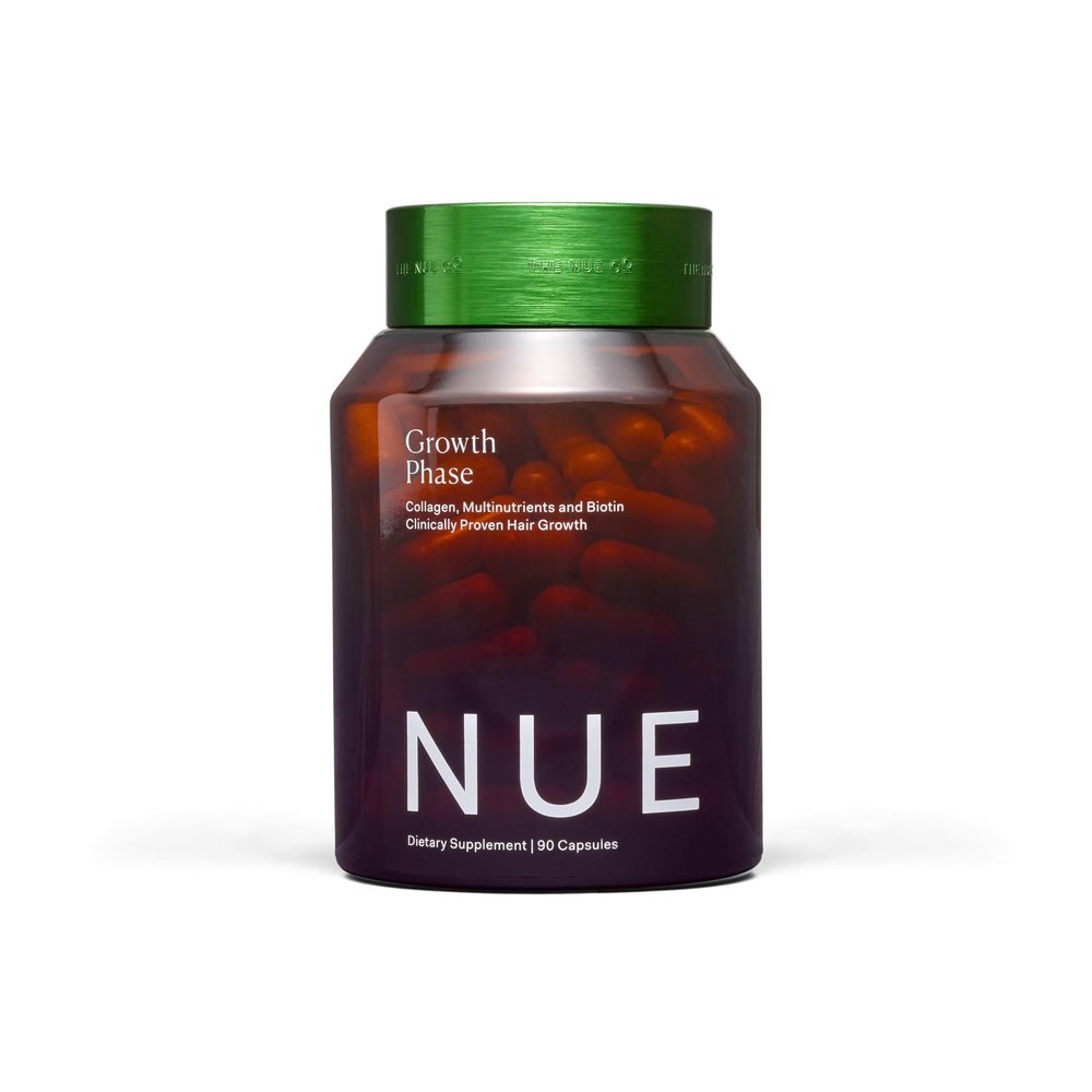 The Nue Co. Growth Phase Hair Supplement - Vegan Hair Capsules with Vitamins, Adaptogen, Reishi Mushroom & Protein for Thicker Fuller Looking Hair - Supports Strength & Reduces Breakage | 90 Capsules