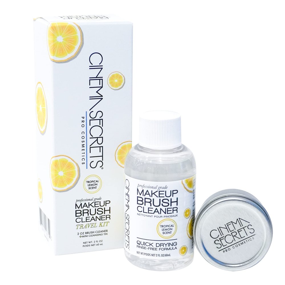 Cinema Secrets Original Makeup Brush Cleaner Kit - Professional Cleanser + Cleansing Tin for Makeup Brushes - Quick-Drying, Rinse-Free Formula - Removes Stubborn Waterproof Make Up - Lemon (2 fl oz)