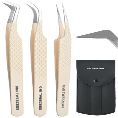 Fiber Tip Lash Tweezers- Pack of 3 Eyelash Extension Tweezers Professional- Lash Tweezers. (Light Nude)