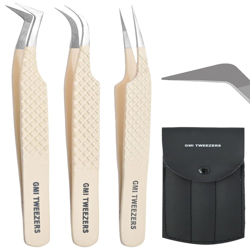 Fiber Tip Lash Tweezers- Pack of 3 Eyelash Extension Tweezers Professional- Lash Tweezers. (Light Nude)