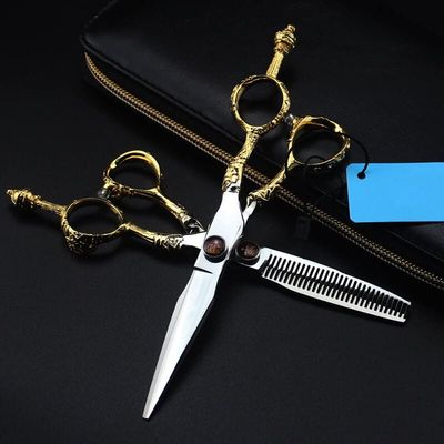 Hair Cutting Scissors, 6 inch Japan 440c gold Crown hair cutting scissors barber thinning shears haircut scissor hairdressing scissors set (Color : Set with bag)