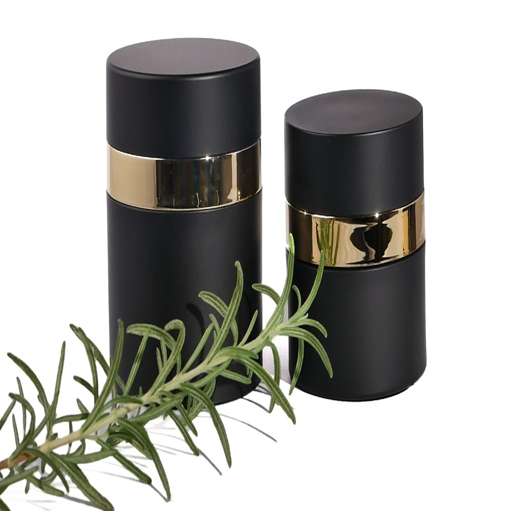 Set of Two Black and Gold Airless Moisturizer Pump Dispensers - one 1.7 oz jar Plus one 0.5 oz Jar for Moisturizer, Lotions, and Creams.