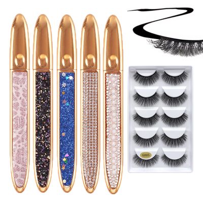 2023 New Self-Adhesive Eye Liner Eyelash Glue Pencil-with 5 Pairs False Eyelashes. Magic Self-Adhesive Long-Lasting Eye Liner Eyelash Glue Pen, Liquid Eye Liner Pen, Non Magnetic (5PCS)