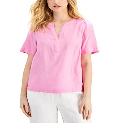Charter CIub Linen Split-Neck Top Bubble Bath XL
