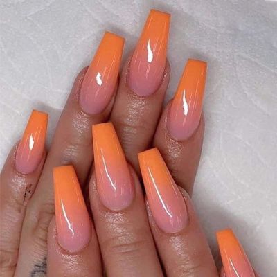 MERVF Coffin Press on Nails Long Fake Nails Orange French Tip Ballerina Glue ons with Ombre Design Artificial Acrylic Nail Glossy 24pcs