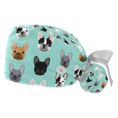 2pcs Working Caps with Buttons, French Bulldog Head Long Hair Scrub Hats Ponytail Holder for Women