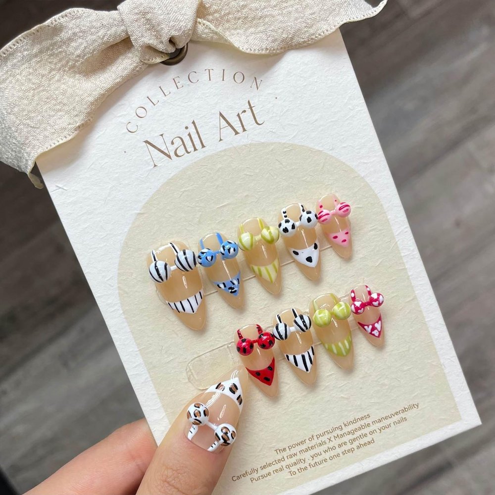 FRUJCDKI Real Gel Handmade Color Bikini Press on Nails Gems Coffin Fake Nails with Designs Glossy False Nails for Women and Girls (Color Bikini-M)