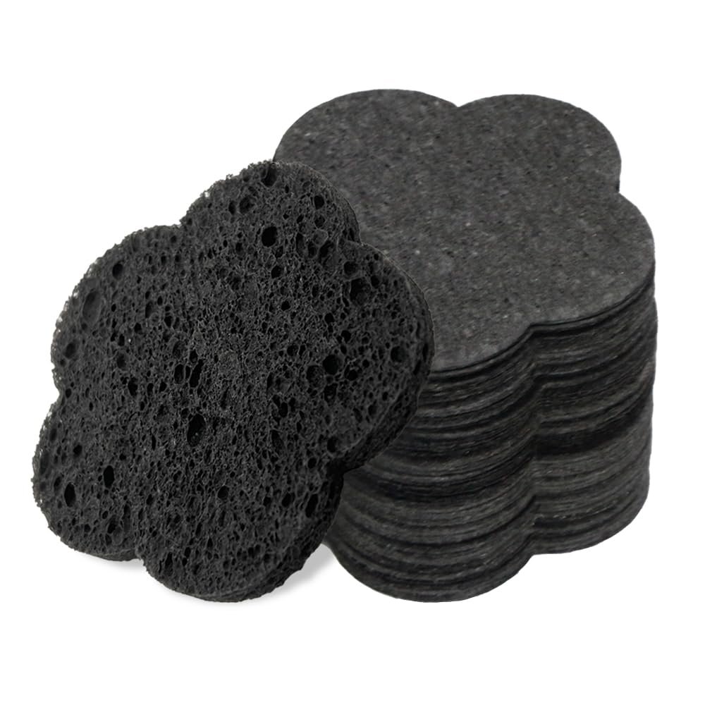 50-Count Facial Sponges Compressed Facial Sponges Natural Facial Cleansing Sponges Pads Cute Flower Shape Exfoliating Sponges for Cleansing Reusable,Best Makeup Gift, Black