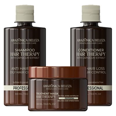 AMAZONICA BELEZA Hair Therapy Kit - Shampoo, Conditioner, Hair Mask (300ml/10.1 Oz) | Professional Line | Removes Oiliness, Prevents Hair Loss, Promotes Growth