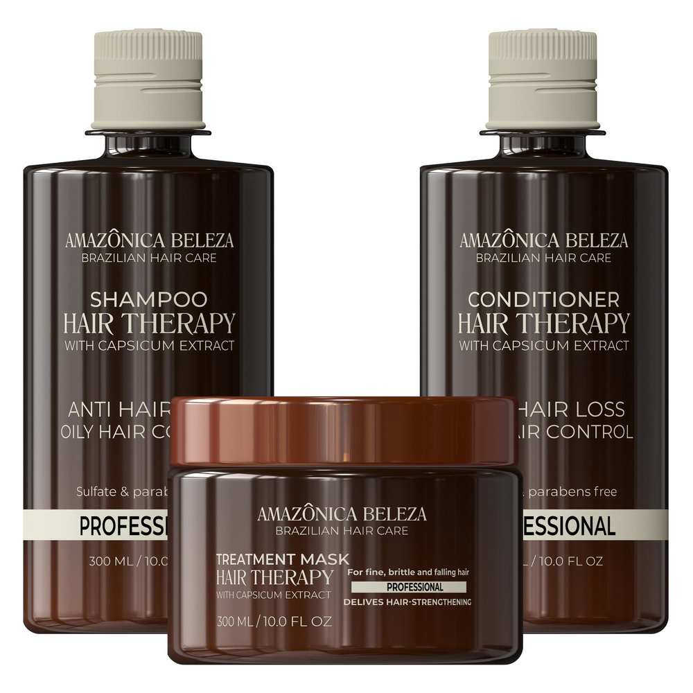 AMAZONICA BELEZA Hair Therapy Kit - Shampoo, Conditioner, Hair Mask (300ml/10.1 Oz) | Professional Line | Removes Oiliness, Prevents Hair Loss, Promotes Growth