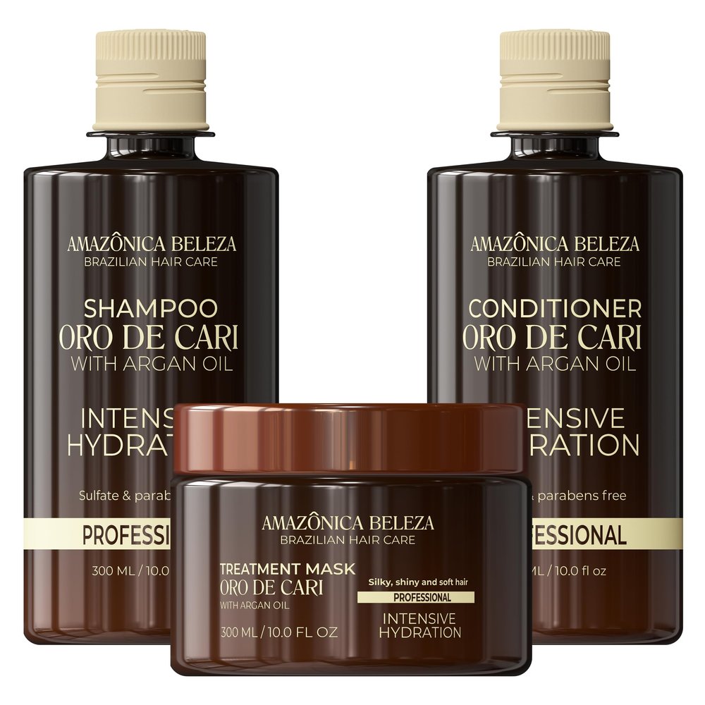 AMAZONICA BELEZA Oro de Cari Kit, Intensive Hydration for Dry Hair with Argan Oil and Vitamin E, Shampoo, Conditioner and Mask, Professional Line, 10 Oz