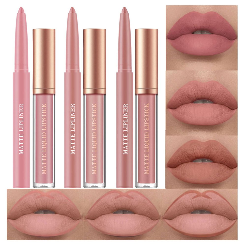 6pcs Nude Lip Liner and Lipstick Makeup Set, 3 Velvety Matte Liquid Lipsticks + 3 Matching Smooth Lip Liner One Step Lips Makeup Kits Waterproof Long Lasting Matte Lipstick Gift SetLip Liner and Lipstick (Set E, 6)