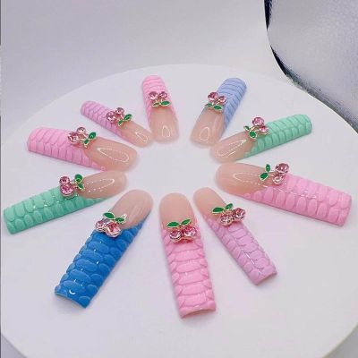 FRUJCDKI Real Gel Handmade Colorful Crocodile Pattern Cherry Rhinestone Press on Nails Gems Coffin Fake Nails with Designs Glossy False Nails for Women and Girls (Colorful Crocodile-S)
