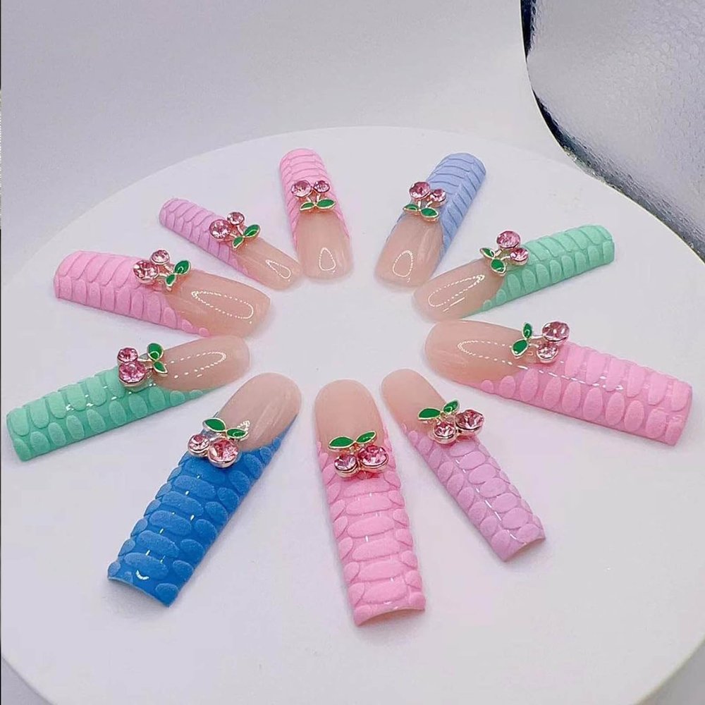 FRUJCDKI Real Gel Handmade Colorful Crocodile Pattern Cherry Rhinestone Press on Nails Gems Coffin Fake Nails with Designs Glossy False Nails for Women and Girls (Colorful Crocodile-S)