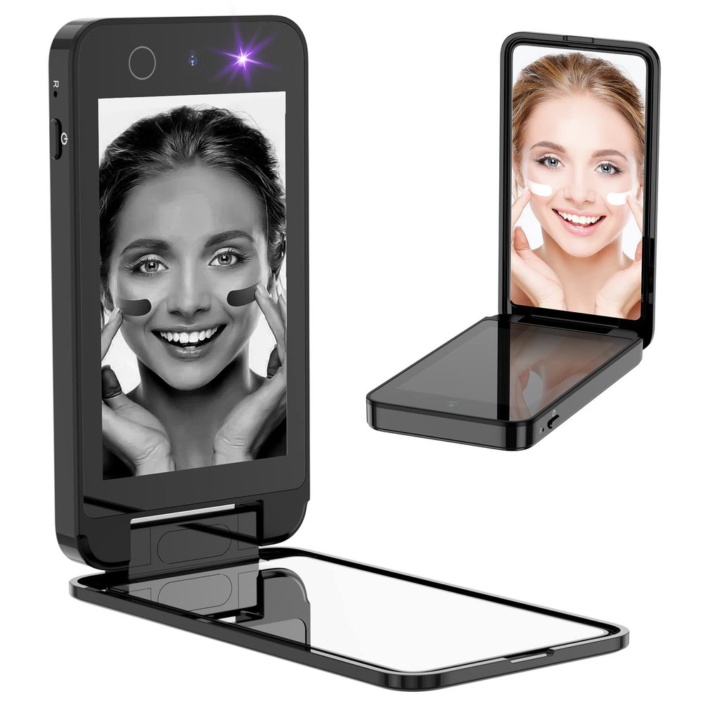 Vanexiss UV Camera for Sunscreen Test UV Mirror Sunscreen Camera, 4 Inch Vanity Mirror Rechargeable Compact Travel Makeup Mirror Handheld Double-Sided Pocket Mirror for Skin Protection(Dark Black)