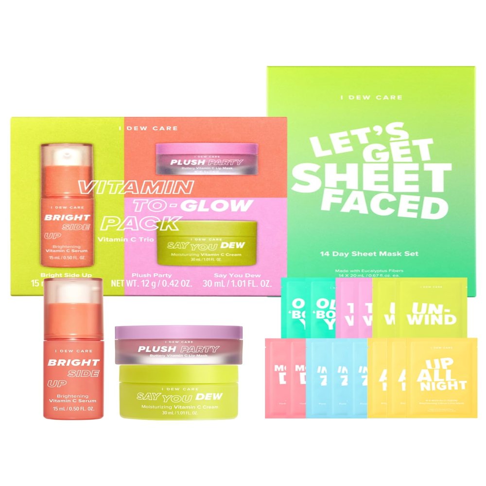 I DEW CARE Korean Skin Care Set Trio - Vitamin To Glow Pack + Korean Glass Skin Sheet Mask 14 Variety Pack, 14 Count Bundle