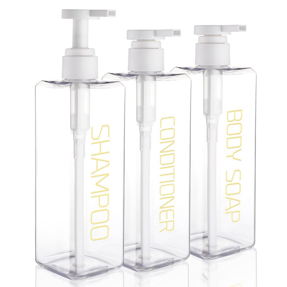Shampoo and Conditioner Dispenser Shower Soap Bottles 3 Pack 550ml/18.6oz Refillable Shampoo Pump Bottle Dispenser Plastic Empty Body Wash Dispensers with Stylish Permanent Labels for Bathroom (Clear)