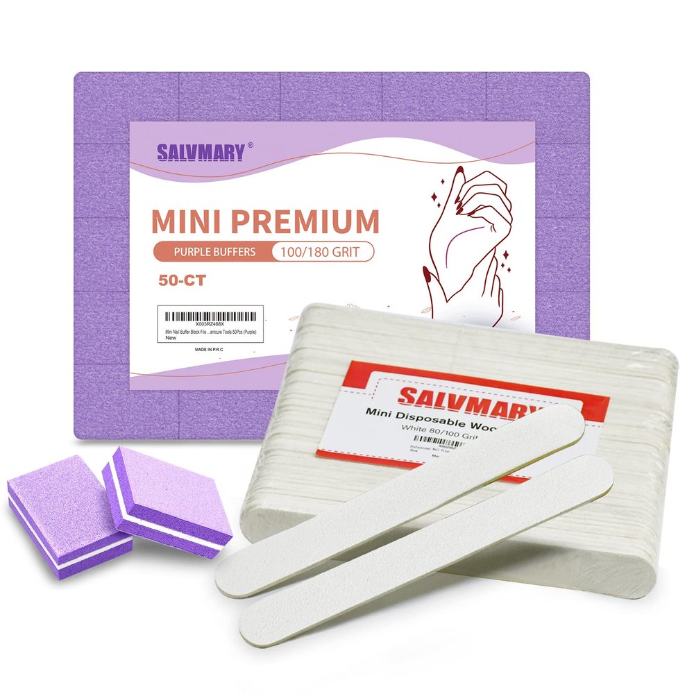 100/180 Grit Purple Mini Nail Buffer Blocks & 80/100 Grit White Disposable Nail Files Bundle