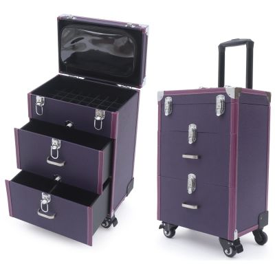 Makeup Train Case, Rolling Nail Case, Aluminum Rolling Makeup Case, Rolling Makeup Trolley Case, Manicure Storage Case Polish Organizer w/ 4 Wheels (Purple)