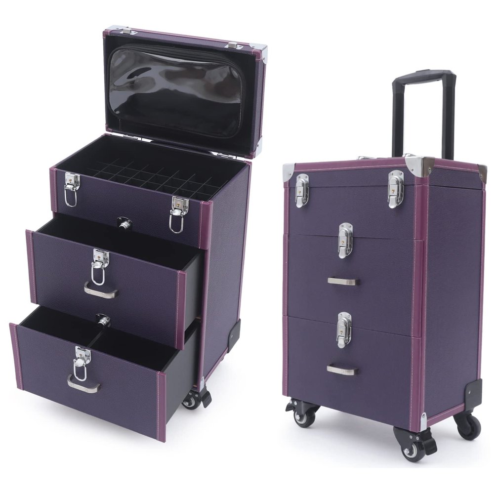 Makeup Train Case, Rolling Nail Case, Aluminum Rolling Makeup Case, Rolling Makeup Trolley Case, Manicure Storage Case Polish Organizer w/ 4 Wheels (Purple)